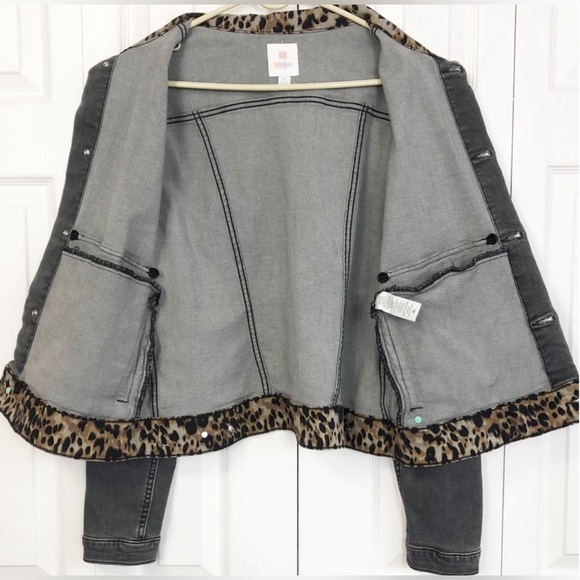 Lularoe Black Denim Leopard Print Stretch Jean Jacket XL - Picture 9 of 16